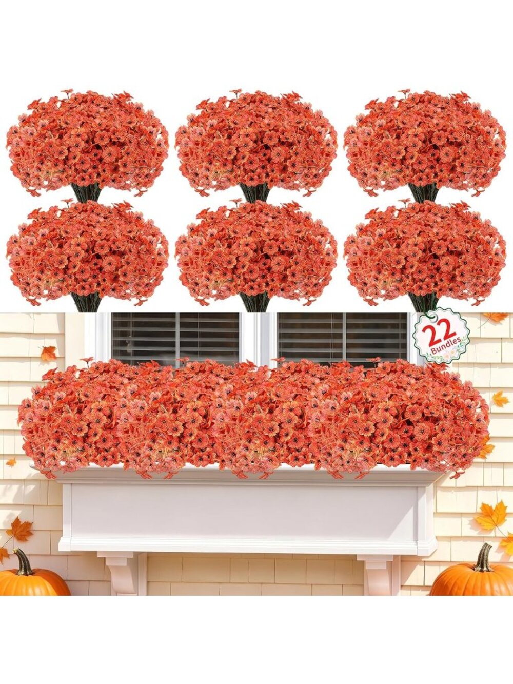 New 22 Pack Artificial Fall Flowers Mums for Outdoor Indoor(Orange)
